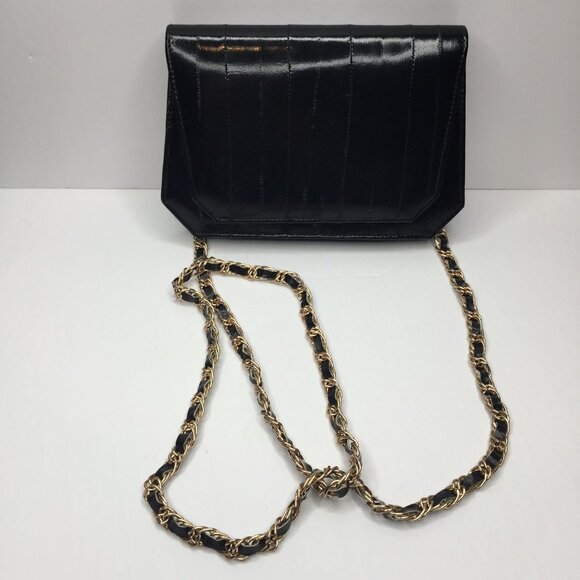 Vintage Genuine Eel Skin Leather Black Evening Purse Handbag Mirror Chain Strap - Picture 1 of 14